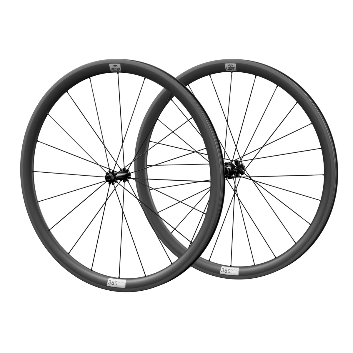 Venn 360 TCC SL carbon wheelset, uncoated matte finish, rim brake (render; Venn RBH-01 hub illustrative)