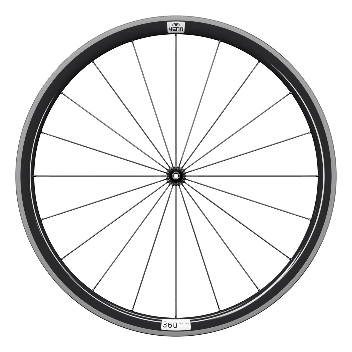 Venn 360 TCC SL carbon front wheel, gloss, side view, rim brake (render; Venn RBH-01 hub illustrative)
