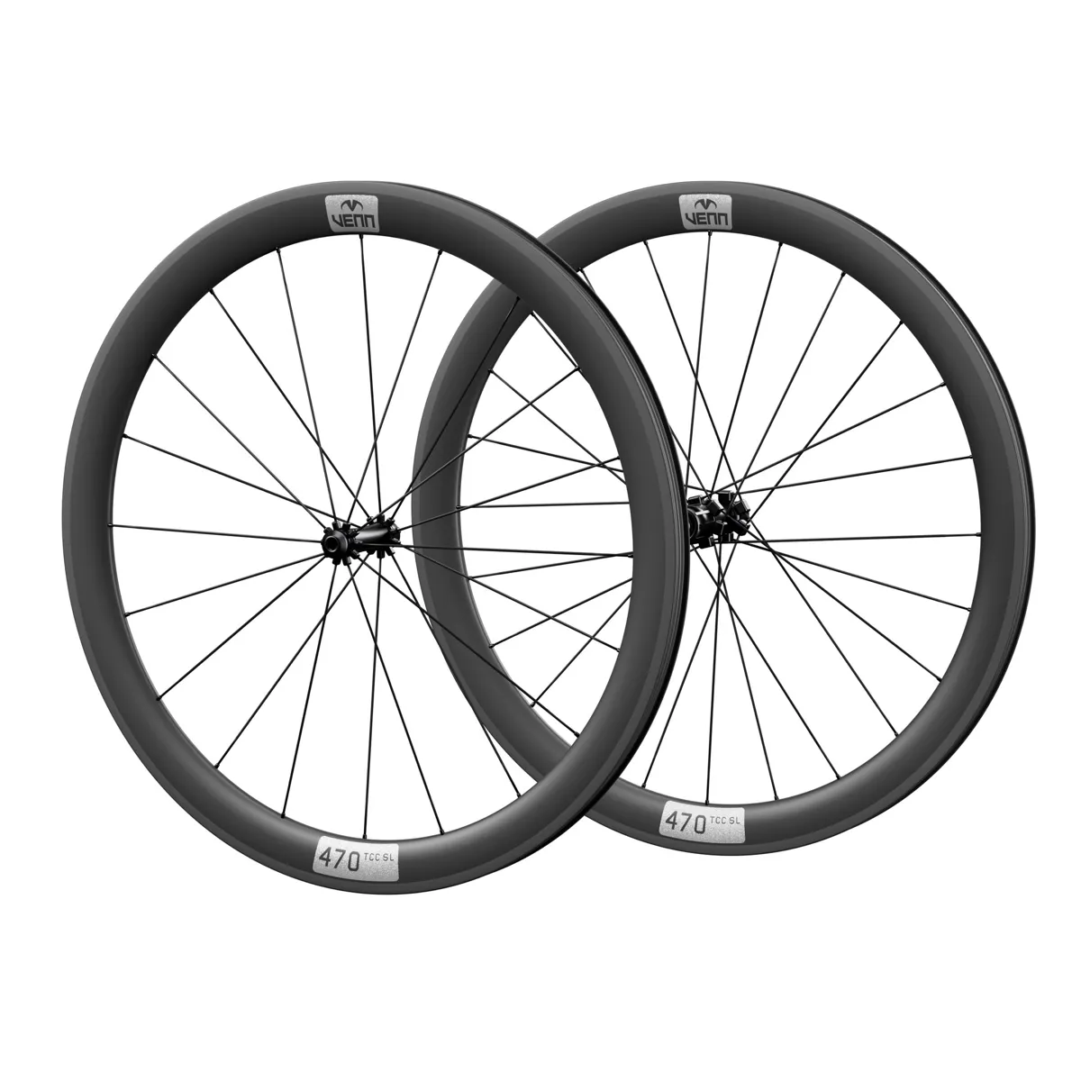 Venn 470 TCC SL carbon wheelset, uncoated matte finish, rim brake (render; Venn RBH-01 hub illustrative)