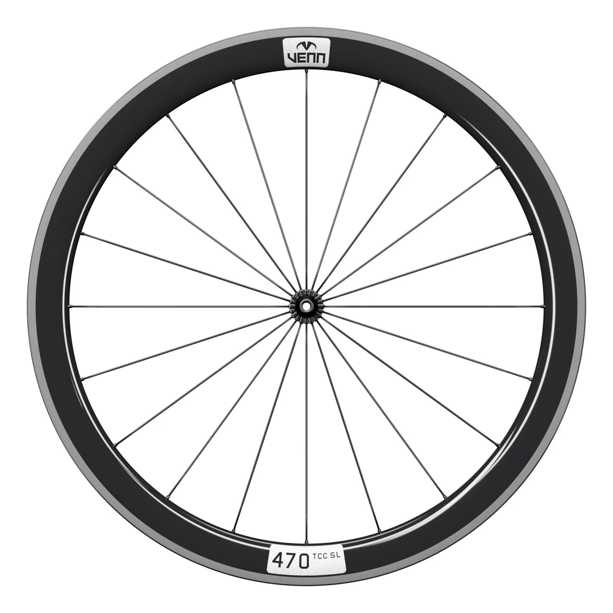 Venn 470 TCC SL carbon front wheel, gloss, side view, rim brake (render; Venn RBH-01 hub illustrative)