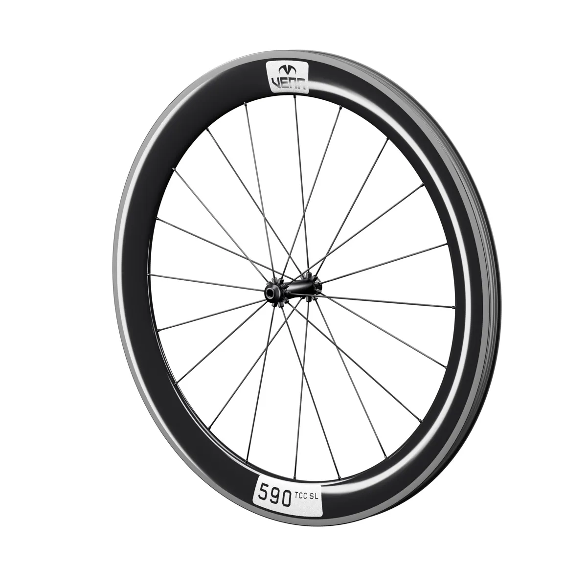 Venn 590 TCC SL carbon front wheel, gloss, rim brake (render; Venn RBH-01 hub illustrative)