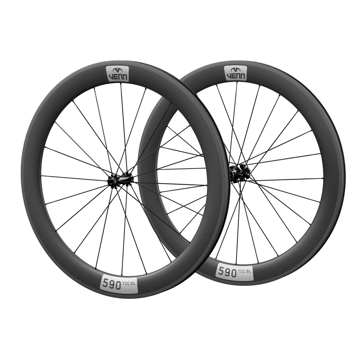Venn 590 TCC SL carbon wheelset, uncoated matte finish, rim brake (render; Venn RBH-01 hub illustrative)