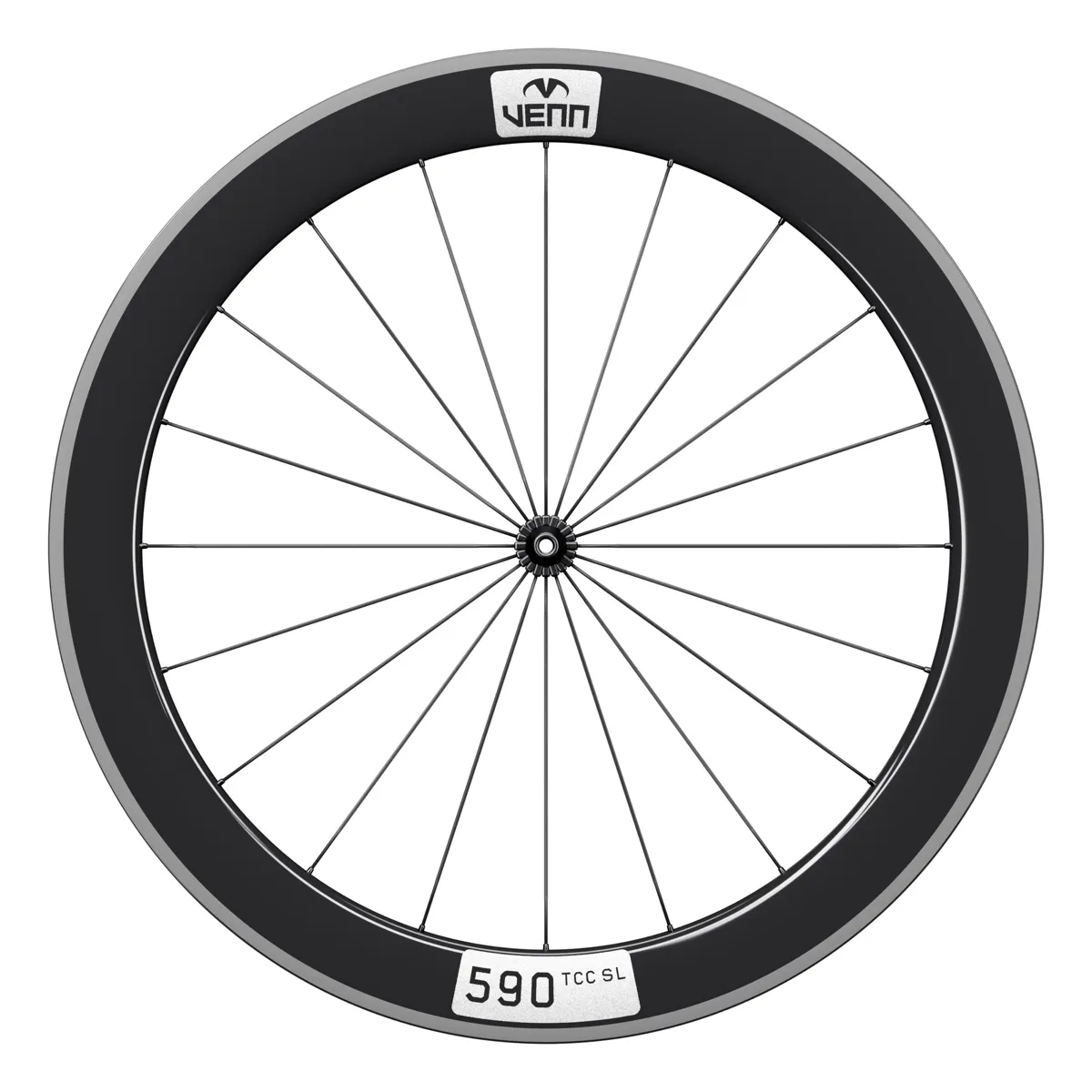 Venn 590 TCC SL carbon front wheel, gloss, side view, rim brake (render; Venn RBH-01 hub illustrative)