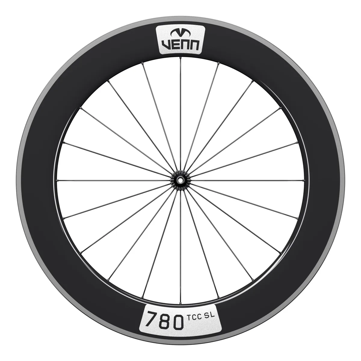 Venn 780 TCC SL carbon front wheel, gloss, side view, rim brake (render; Venn RBH-01 hub illustrative)